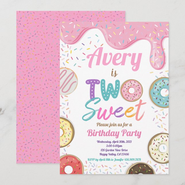 Invitation Donut Two Sweet 2e Anniversaire fête Pink Pastel (Devant / Derrière)