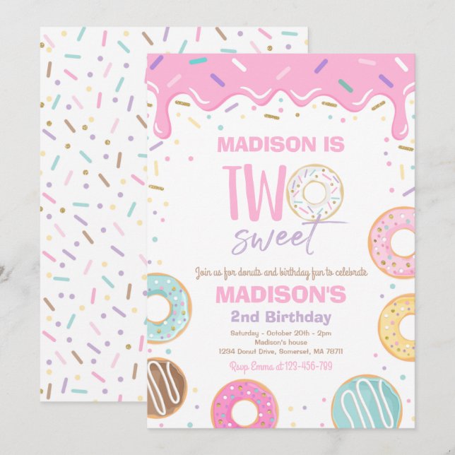 Invitation Donut Two Sweet Birthday Two Sweet 2e Anniversaire (Devant / Derrière)