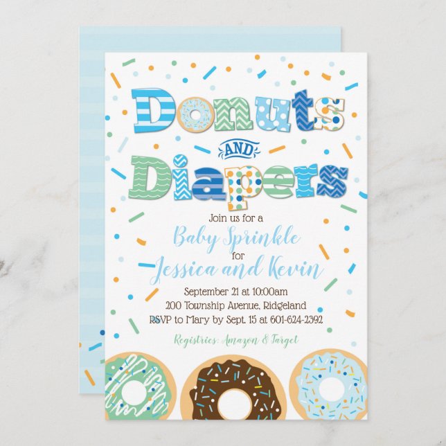 Invitation Donuts et Diapeurs Bébé Garçon Sprinke ou douche (Devant / Derrière)