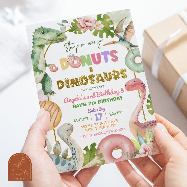 Invitation Donuts et Dinosaures Anniversaire des frères et so (Créateur téléchargé)