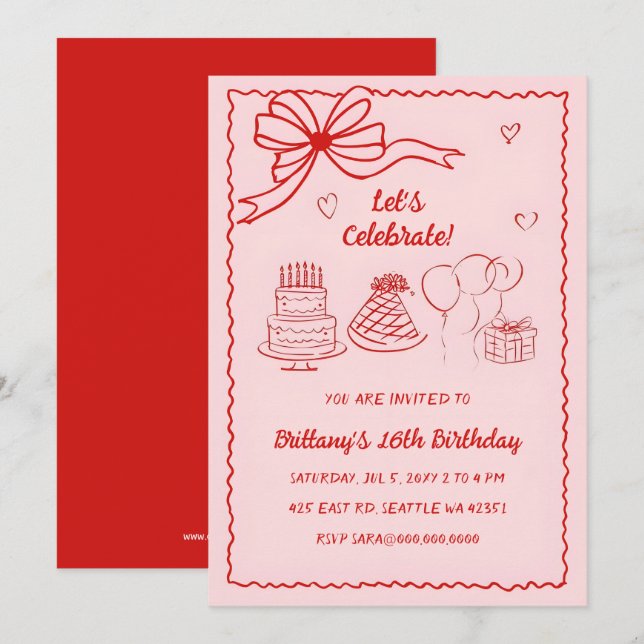 Invitation Doodé à la main rose rouge Coquette Bow Anniversai (Devant / Derrière)