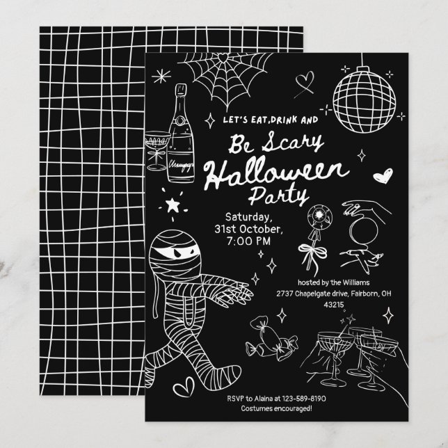Invitation Doodle à main noire et blanche Fête d'Halloween (Devant / Derrière)