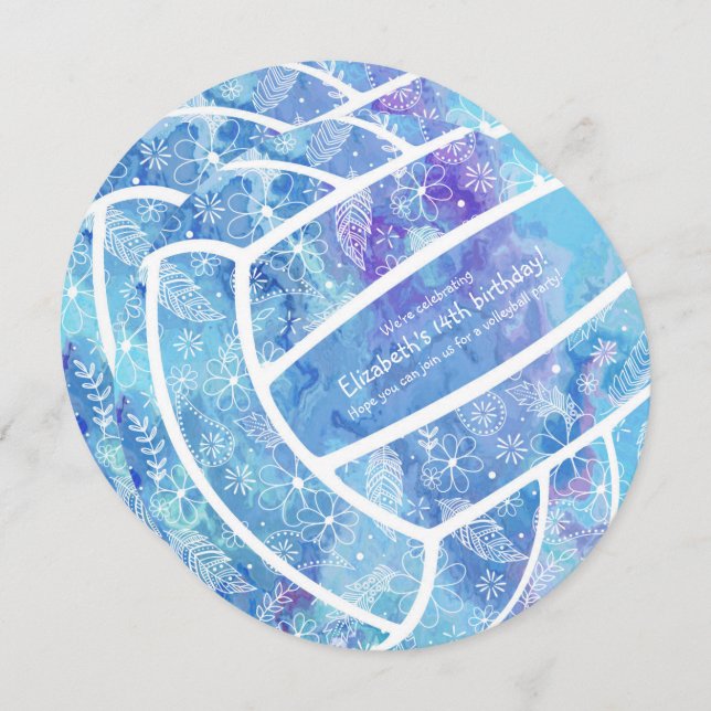 Invitation Doodle fleurs plumes de volley bleu fête (Devant / Derrière)