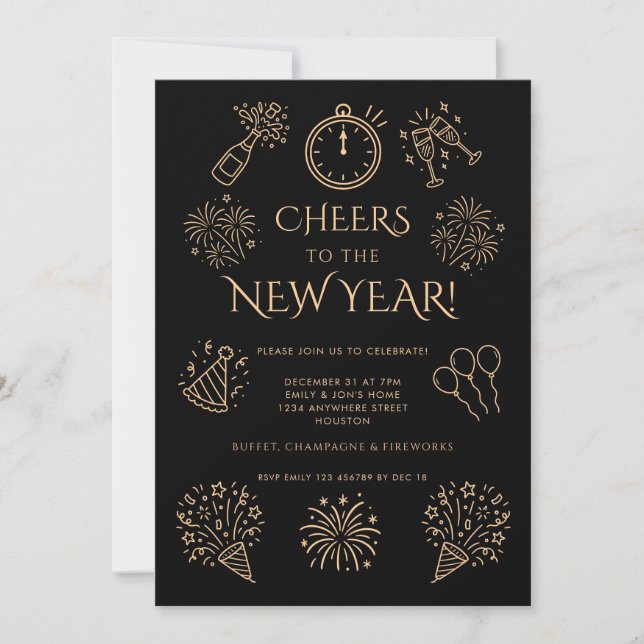 Invitation Doodle Gold Black Cheers to New Year Party (Devant)