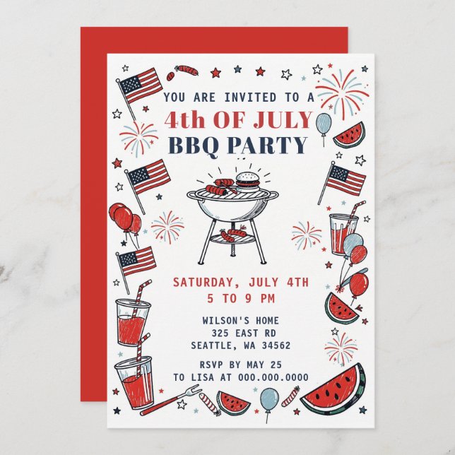 Invitation Doodle Hand Drawn July 4th BBQ Holiday Party  (Devant / Derrière)