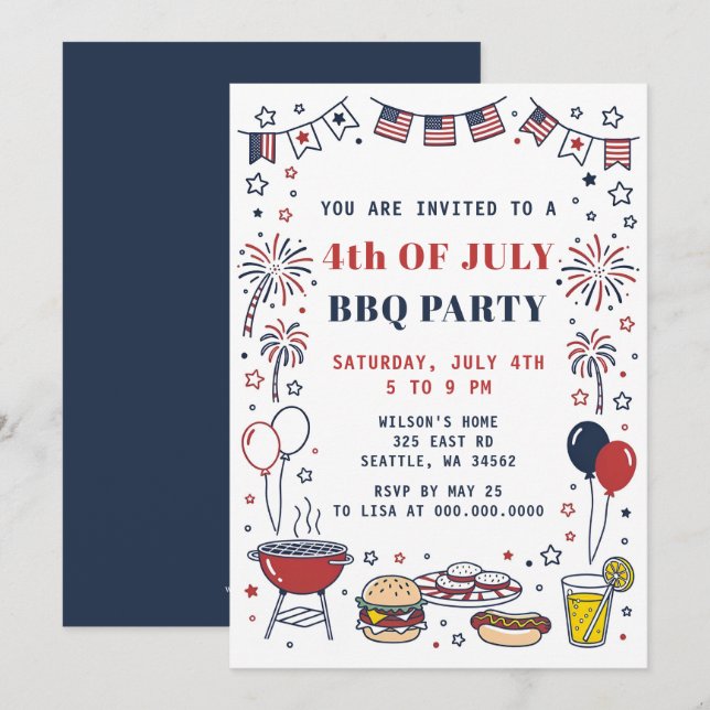 Invitation Doodle Hand Drawn July 4th BBQ Holiday Party  (Devant / Derrière)