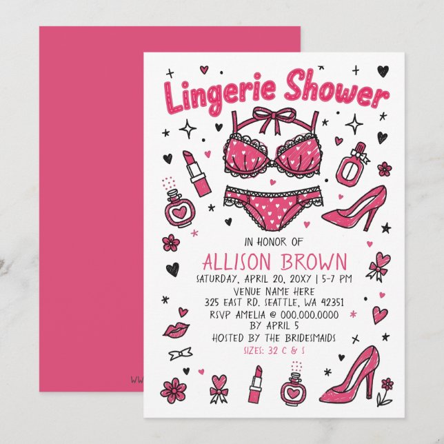 Invitation Doodle Hand Drawn Lingerie Shower Bachelorette  (Devant / Derrière)