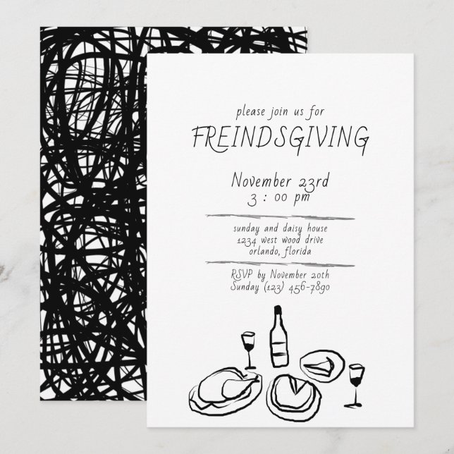 Invitation Doodle Illustration pour Friendsgiving (Devant / Derrière)