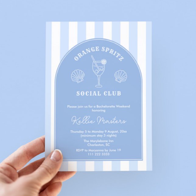 Invitation Doodle Italien Orange Spritz Bachelorette Party (Chic coastal blue and white Orange spritz bachelorette party invite with itinerary on the reverse)