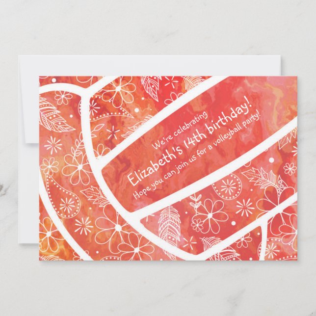 Invitation Doodle motif floral rouge orange volleyball (Devant)