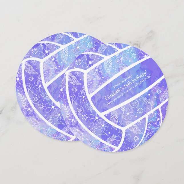 Invitation Doodle motif floral violet volleyball (Devant / Derrière)
