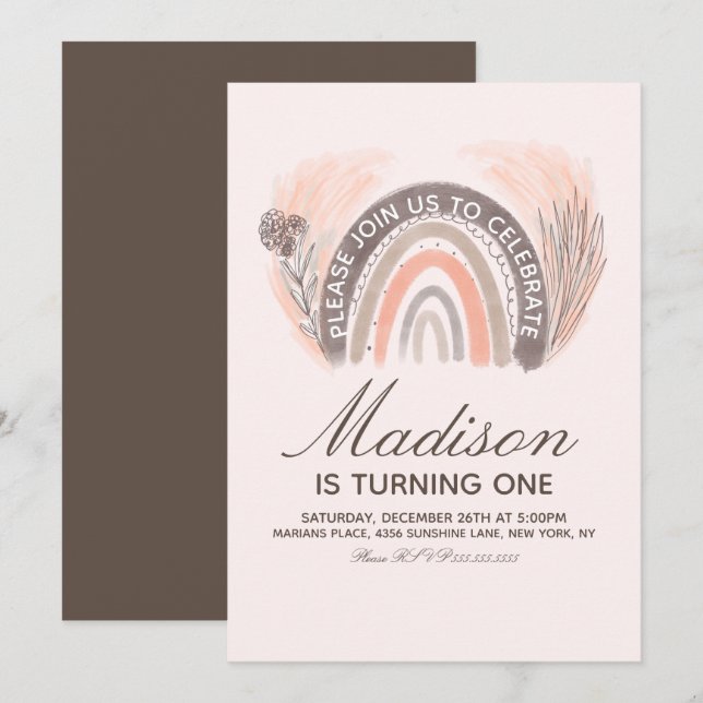 Invitation Doodle Rainbow Pampas à la main dessiné Bohème Ann (Devant / Derrière)