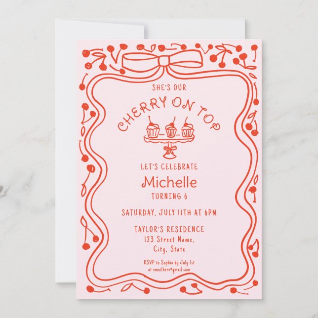 Invitation Doodle Red Pink Bow Cherry sur Top Girl Anniversai (Devant)