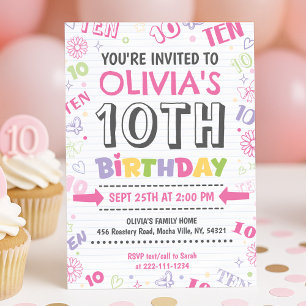 Invitation Doodle rose fille 10e anniversaire