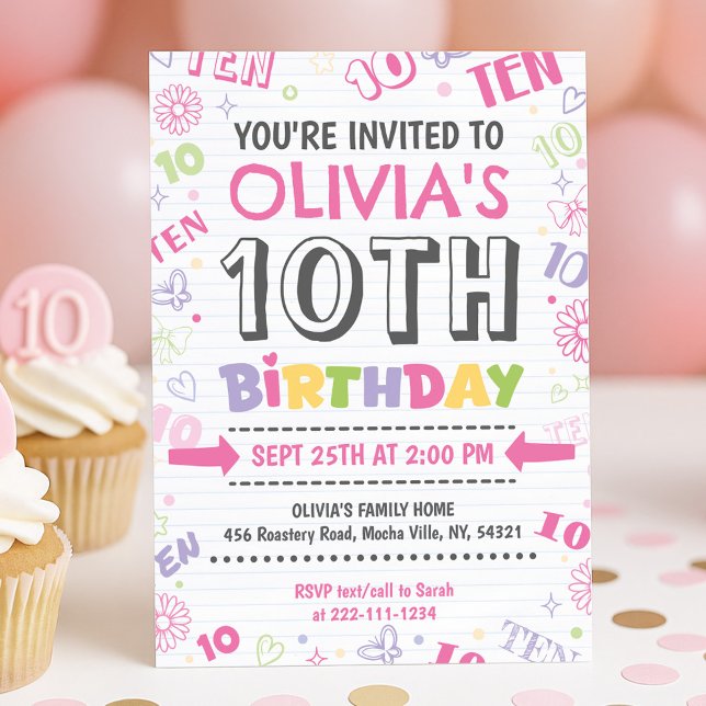 Invitation Doodle rose fille 10e anniversaire (Créateur téléchargé)