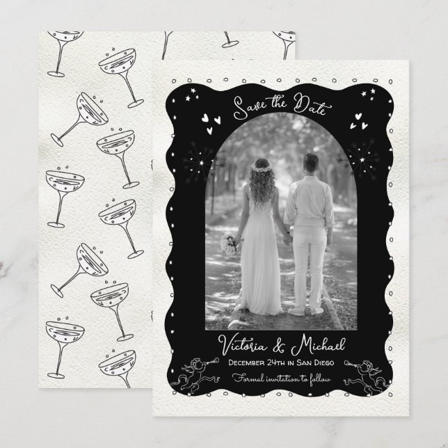 Invitation Doodle Sketch Cherub Funky Save the Date Arch (Devant / Derrière)