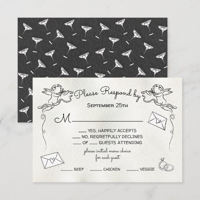 Invitation Doodle tiré à la main Cherub Cupid RSVP (Devant / Derrière)