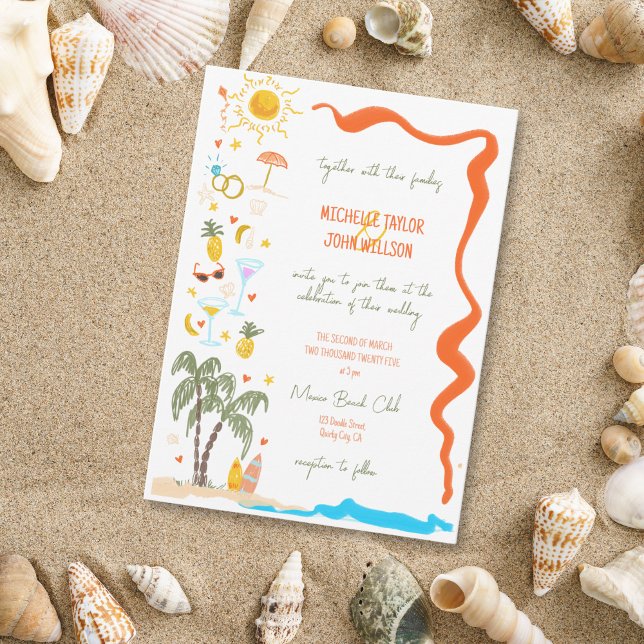 Invitation Doodle Whimsical branché main Drawn Beach Wedding (beach doodle wedding hand drawn invitation)