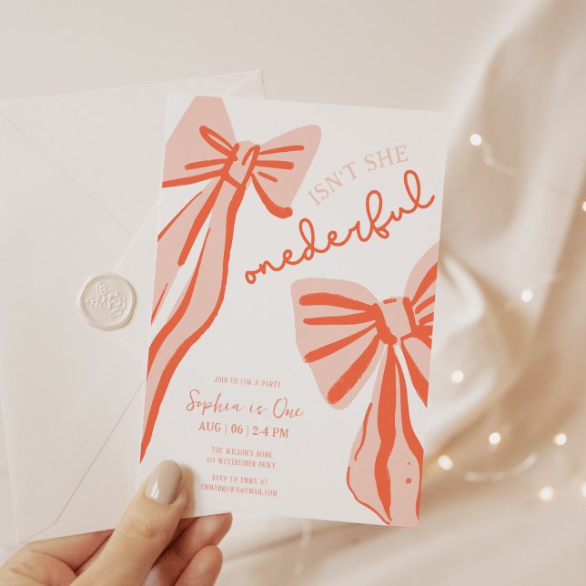 Invitation Doodle Whimsical Pink Bow Girl 1er anniversaire (Créateur téléchargé)