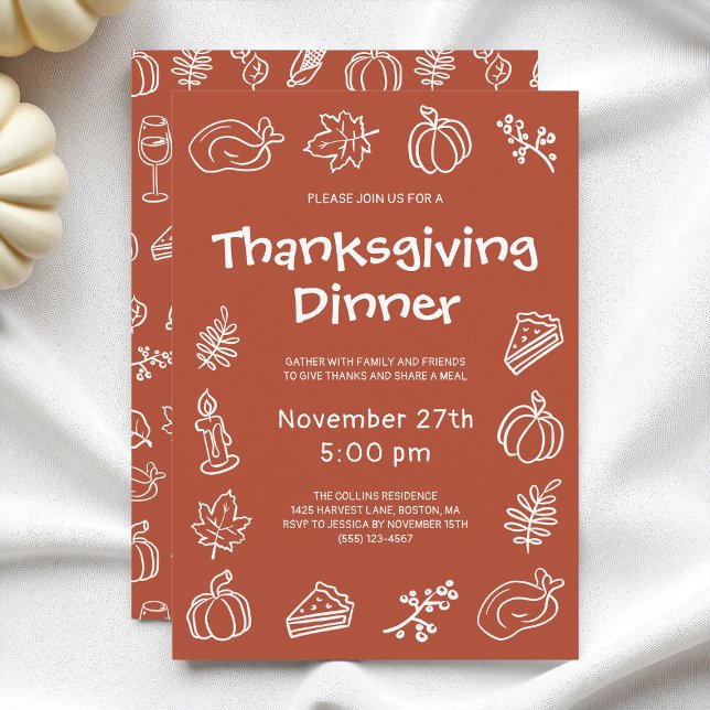 Invitation Doodle Whimsical Terracotta Thanksgiving Dîner (Whimsical Doodle Terracotta Thanksgiving Dinner Invitation)