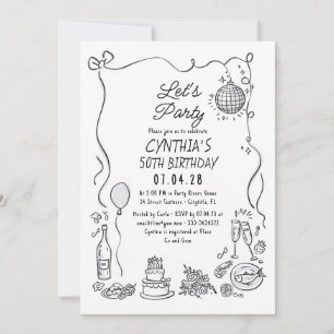 Invitation Doodles à la main Whimsical Quirky Adulte Annivers