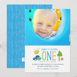 Invitation Doodles colorés 1er Anniversaire Parking Soleil