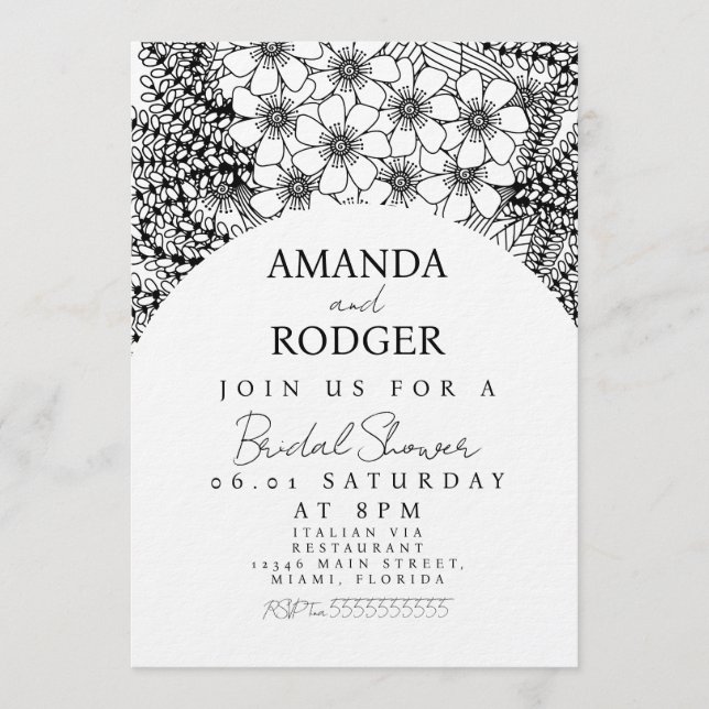 Invitation Doodles Florals Black White Bridal Shower (Devant)