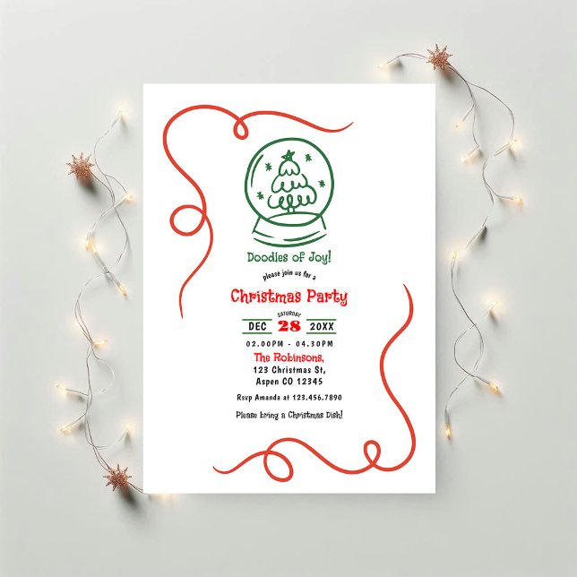 Invitation Doodles of Joy ! Fête de Noël à main blanche (Doodles of Joy! Whimsy Hand Drawn Christmas Party Invitation)