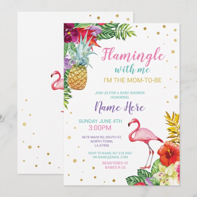 Invitation d'or d'Aloha Baby shower Flamant rose G (Devant / Derrière)
