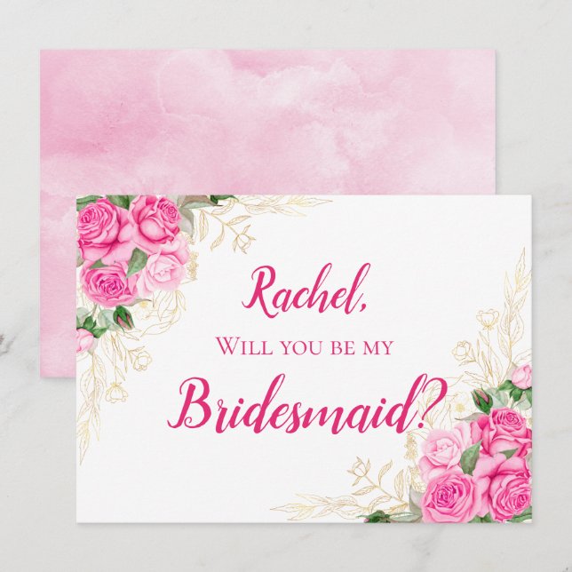 Invitation Doré et aquarelle Floral Roses roses roses (Devant / Derrière)