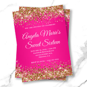 Invitation Doré Pailleté Rose Chaud Fantaisie Monogramme Swee