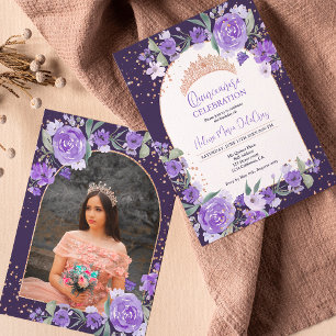 Invitation Doré Rose violet tiara princess Quinceanera