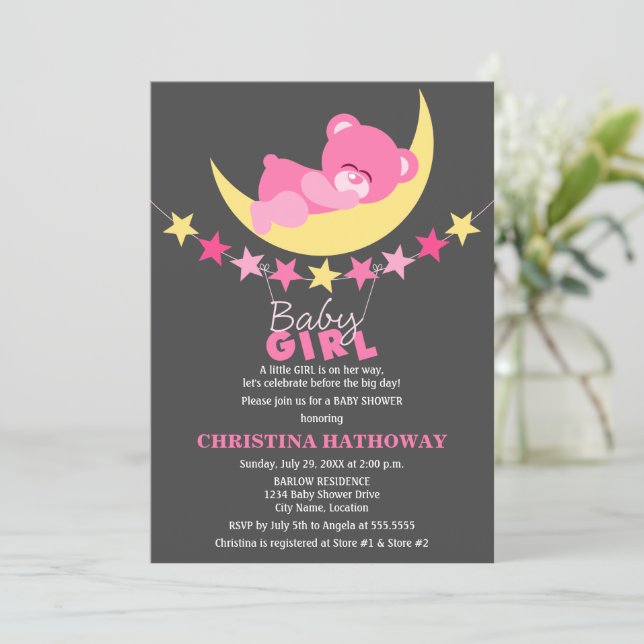 Invitation Dormir Rose fille Teddy ours sur le Baby shower de (Debout devant)