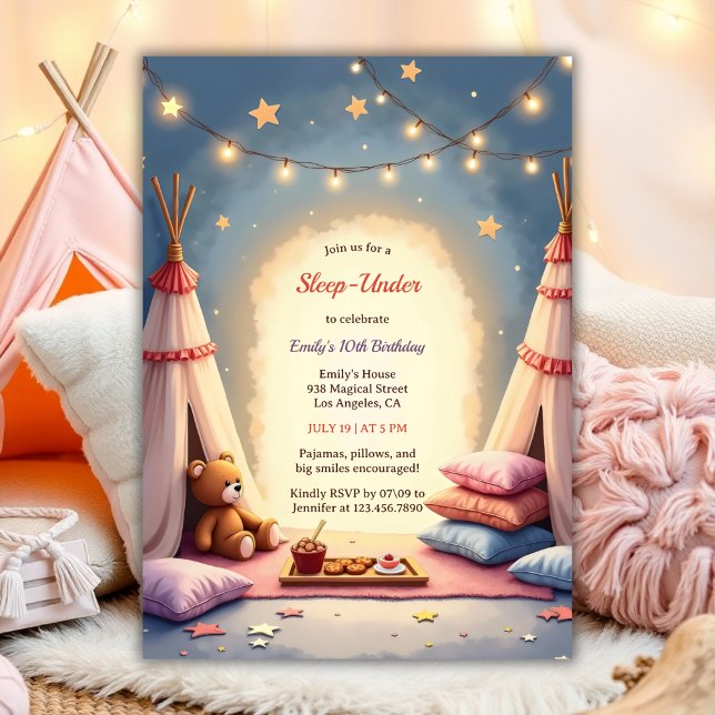 Invitation Dors Sous La Jolie Fête Intérieure Anniversaire (Sleep Under Cute Birthday For Girls Cozy Indoor Party Watercolor Birthday Invitation)