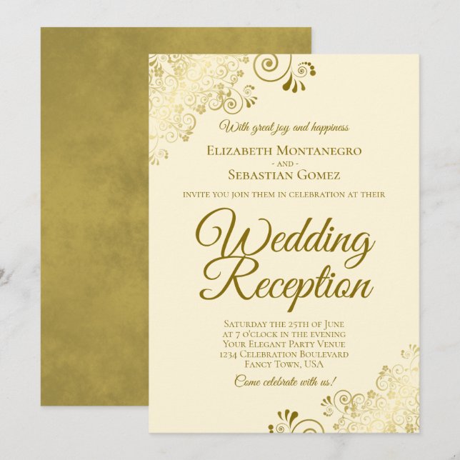 Invitation Dorures sur Crème Élégante Réception de Mariage (Devant / Derrière)
