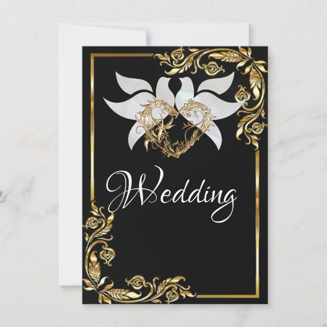 Invitation Doses, Coeur & Gold Frame sur Black (Devant)