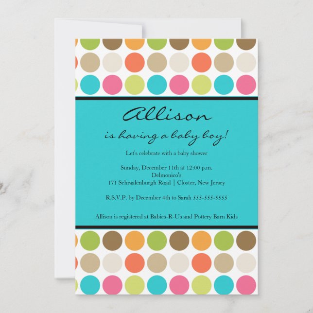 Invitation Dots AMUSANTS TURQUOISE Baby Girl or Boy Show (Devant)