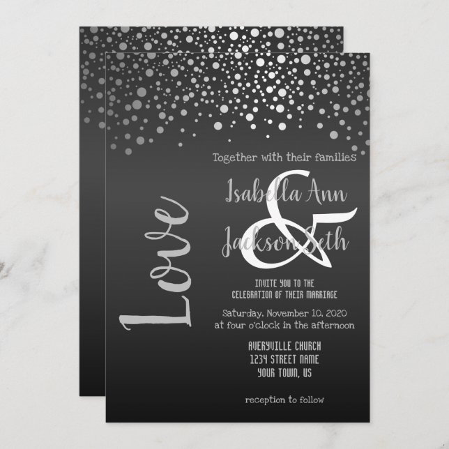 Invitation Dots Confetti Noir et Argent (Devant / Derrière)
