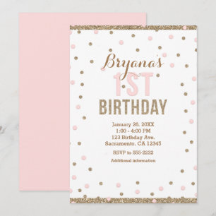 Invitation Dots Confetti Pink & Gold pour filles 1er annivers