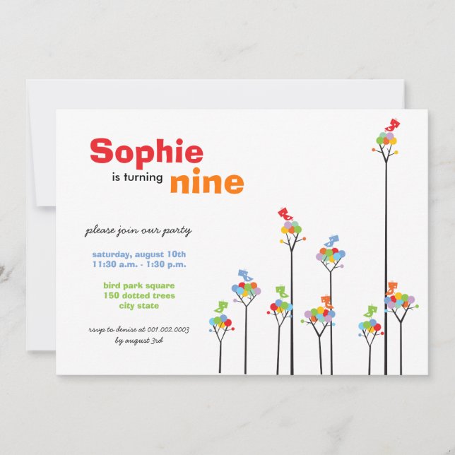 Invitation Dots de couleur blanche Oiseaux Arbres Enfants 9e  (Devant)