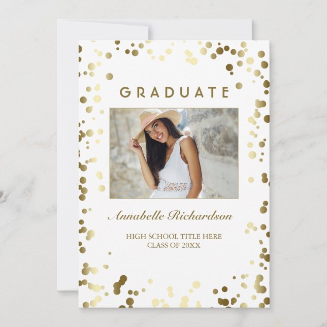 Invitation Dots Gold Confetti Blanc Élégant Photo Graduation (Devant)