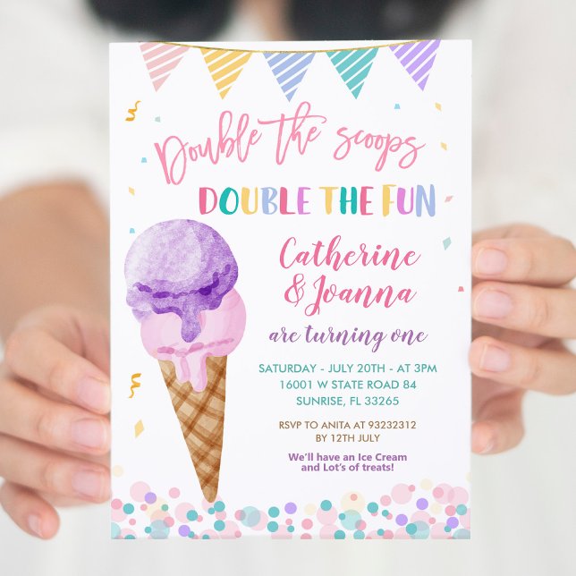 Invitation Double de la crème glacée Scoops Twin Birthday Col (Créateur téléchargé)