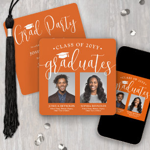 Invitation Double Diplomation 2 Photos Fête Conjointe Orange