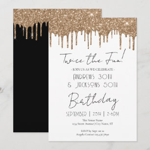 Invitation Double Fête d'Anniversaire Élégant Gold Drips