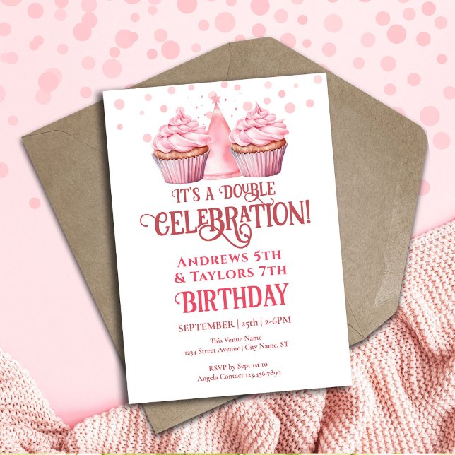 Invitation Double fête d'anniversaire Enfants Pink Cupcakes (Créateur téléchargé)