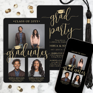 Invitation Double Graduation 2 Grads Black & Gold Joint Photo