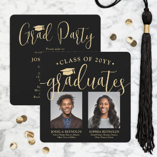 Invitation Double Graduation 2 Photos Black Gold Joint Party
