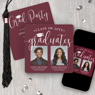Invitation Double Graduation 2 Photos Maroon Red Joint Party