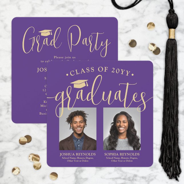 Invitation Double Graduation 2 Photos Purple Gold Joint Party (Créateur téléchargé)