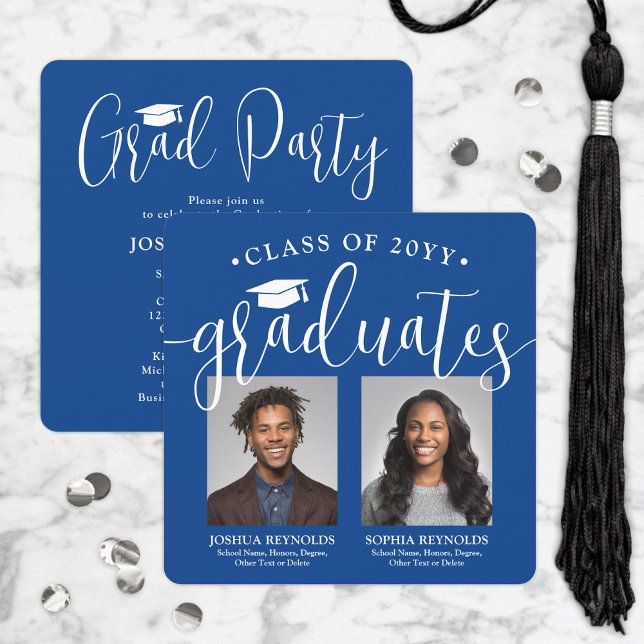 Invitation Double Graduation 2 Photos Royal Blue Joint Party (Créateur téléchargé)
